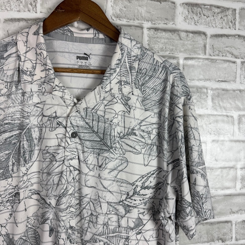 PUMA Golf Sketched Gray Tropical AOP Performance Golf Polo Mens LARGE Stretch